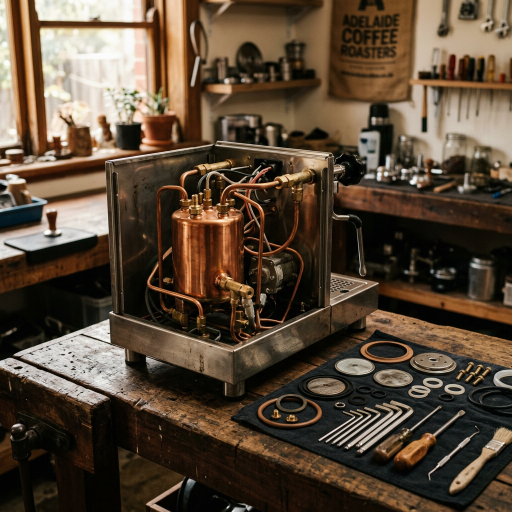 An espresso machine stripped down on the workshop bench with its boiler exposed and tools laid out